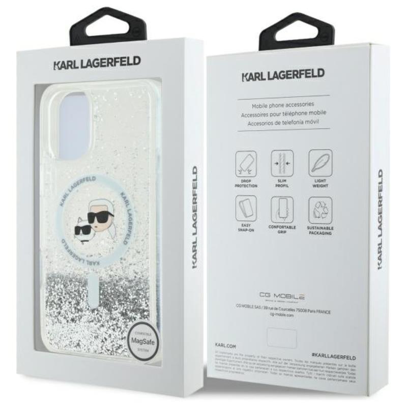 Karl Lagerfeld Liquid Glitter Karl & Choupette Head MagSafe - Etui iPhone 16 Plus (przezroczysty)