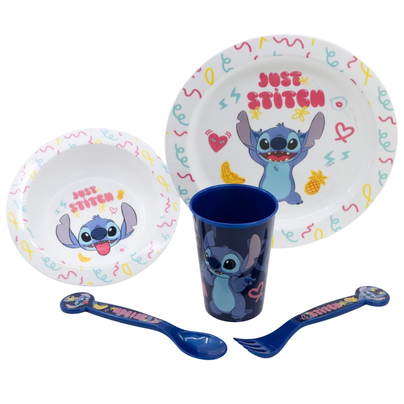 Disney Stitch - Zestaw naczyń do mikrofali 5 szt. z kolekcji Palms (talerz, miska, kubeczek, widelec, łyżeczka)