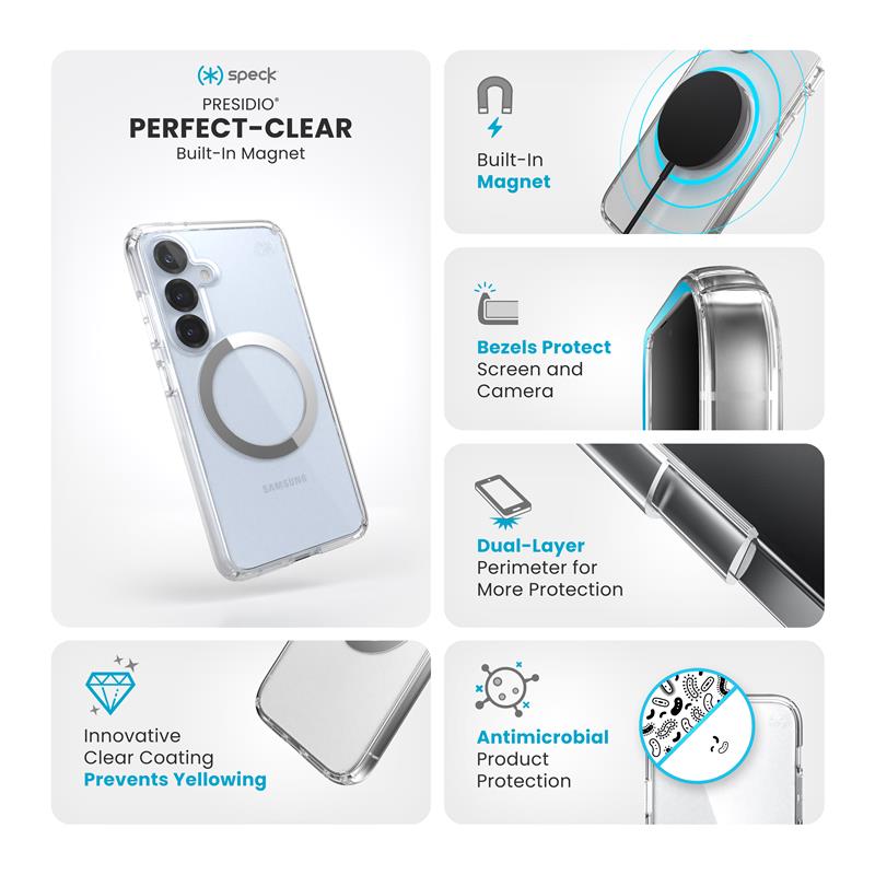 Speck Presidio Perfect-Clear Magnet - Etui Samsung Galaxy S25 / S24 MagSafe (Clear / Chrome Finish / Serene Silver)