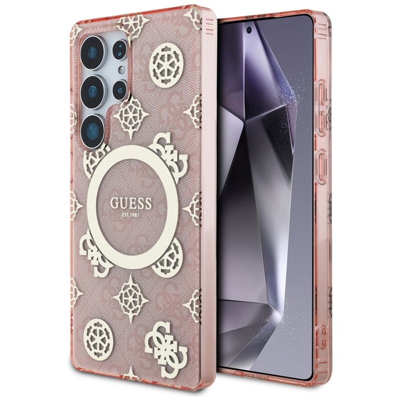 Guess 4G Background Gold Electroplated Peony Pattern MagSafe - Etui do Samsung Galaxy S25 Ultra (różowy)