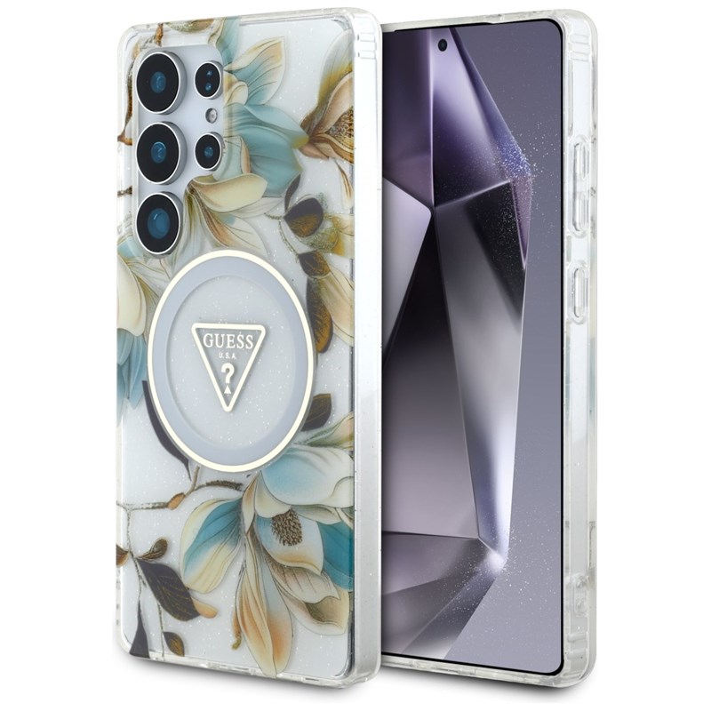 Guess Glitter Flowers Triangle Buttons MagSafe - Etui do Samsung Galaxy S25 Ultra (biały)