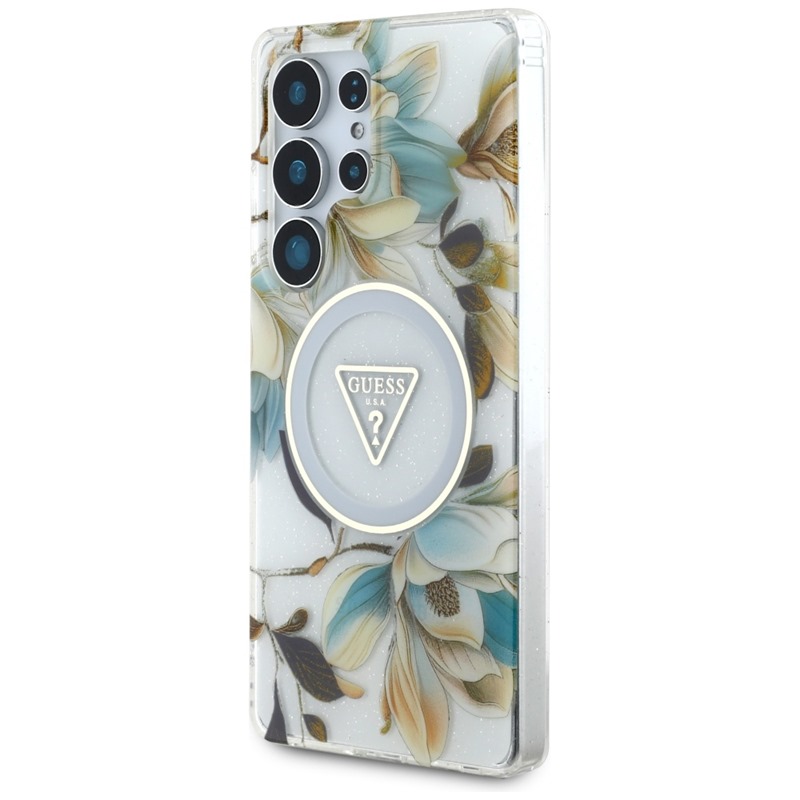 Guess Glitter Flowers Triangle Buttons MagSafe - Etui do Samsung Galaxy S25 Ultra (biały)