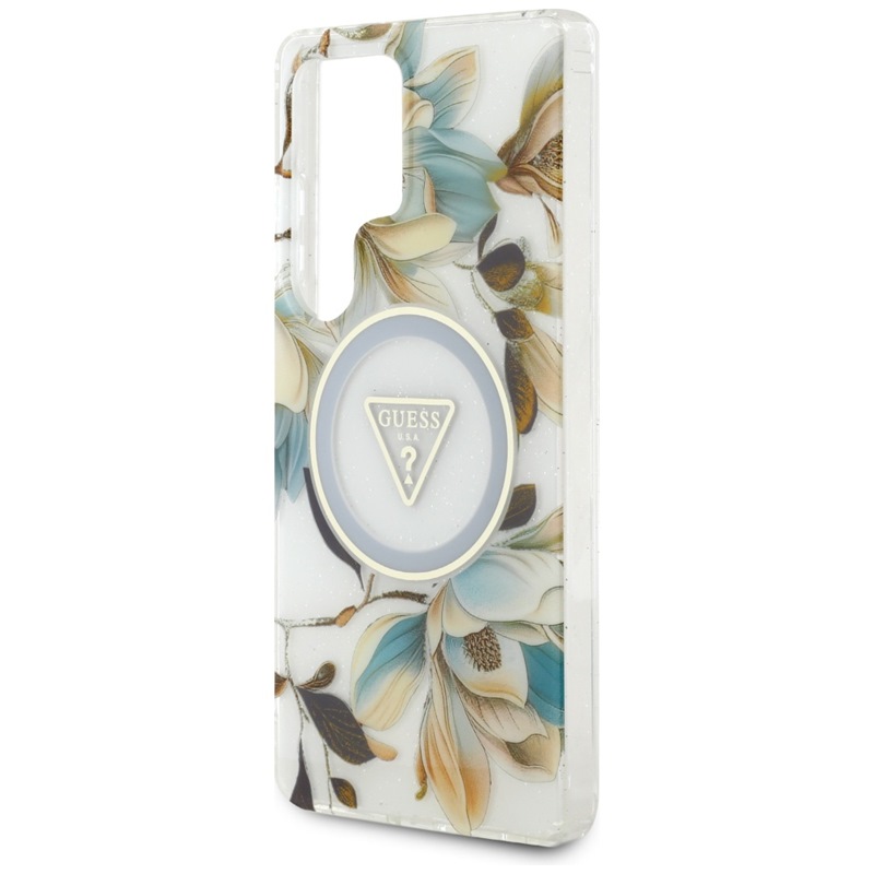 Guess Glitter Flowers Triangle Buttons MagSafe - Etui do Samsung Galaxy S25 Ultra (biały)
