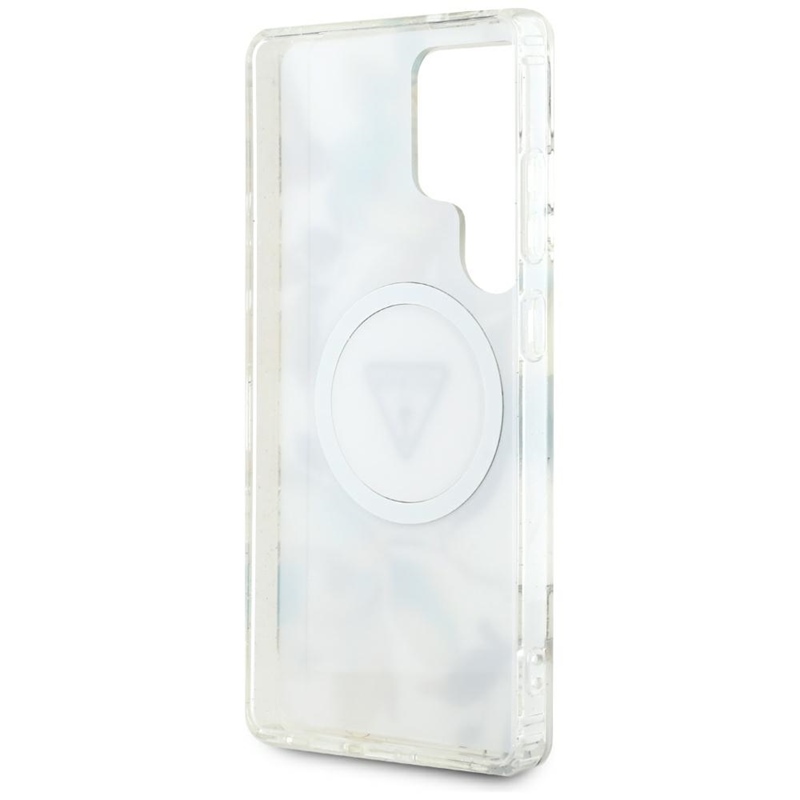 Guess Glitter Flowers Triangle Buttons MagSafe - Etui do Samsung Galaxy S25 Ultra (biały)