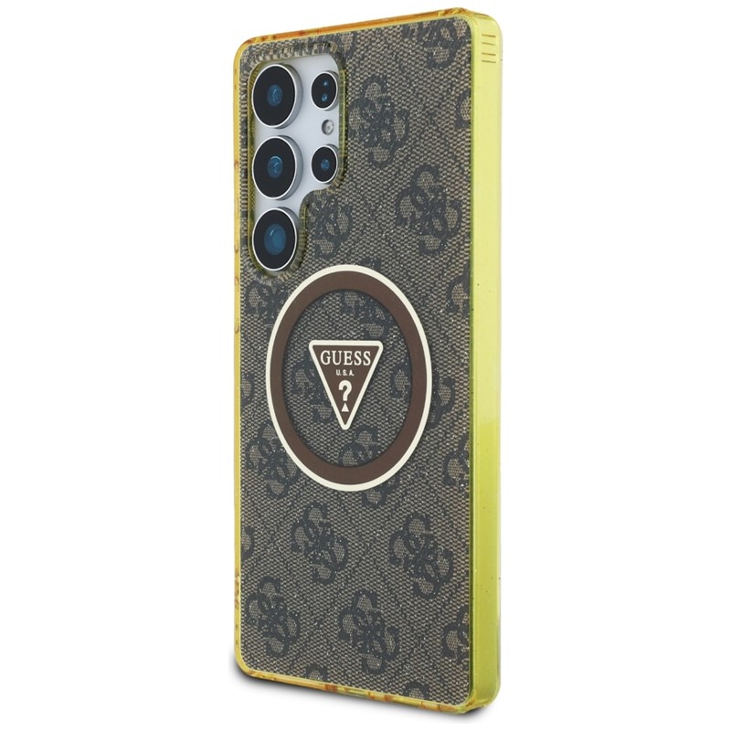 Guess 4G Glitter Triangle Buttons MagSafe - Etui do Samsung Galaxy S25 Ultra (brązowy)
