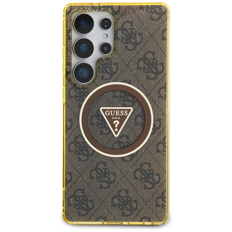 Guess 4G Glitter Triangle Buttons MagSafe - Etui do Samsung Galaxy S25 Ultra (brązowy)