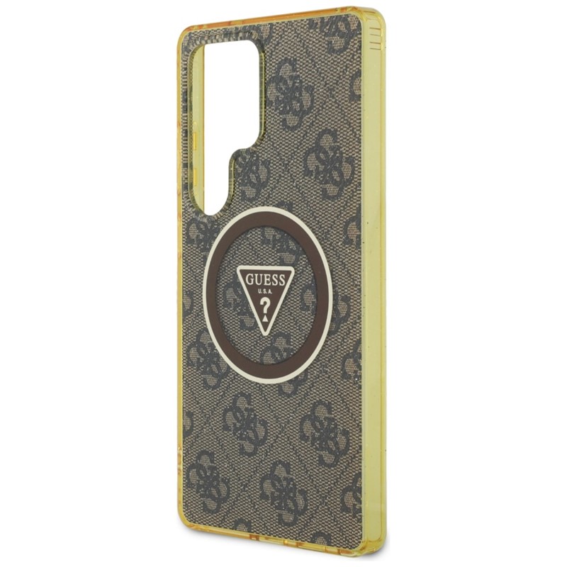 Guess 4G Glitter Triangle Buttons MagSafe - Etui do Samsung Galaxy S25 Ultra (brązowy)