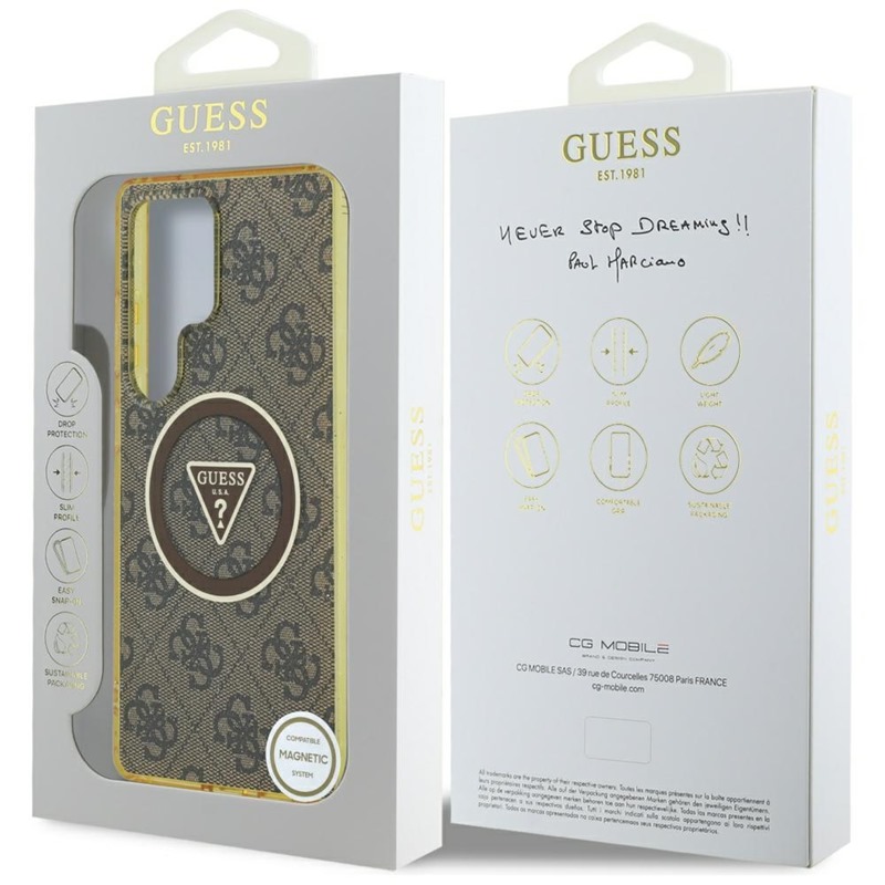 Guess 4G Glitter Triangle Buttons MagSafe - Etui do Samsung Galaxy S25 Ultra (brązowy)