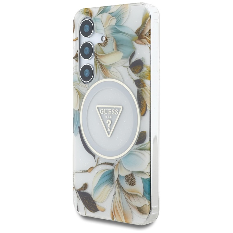 Guess Glitter Flowers Triangle Buttons MagSafe - Etui do Samsung Galaxy S25 (biały)