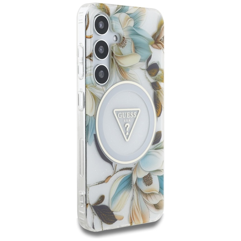 Guess Glitter Flowers Triangle Buttons MagSafe - Etui do Samsung Galaxy S25 (biały)