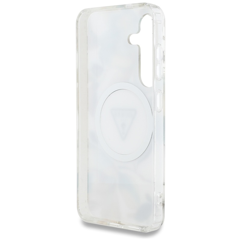 Guess Glitter Flowers Triangle Buttons MagSafe - Etui do Samsung Galaxy S25 (biały)
