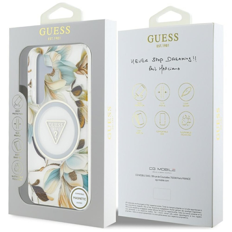 Guess Glitter Flowers Triangle Buttons MagSafe - Etui do Samsung Galaxy S25 (biały)