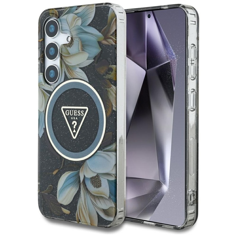 Guess Glitter Flowers Triangle Buttons MagSafe - Etui do Samsung Galaxy S25 (czarny)