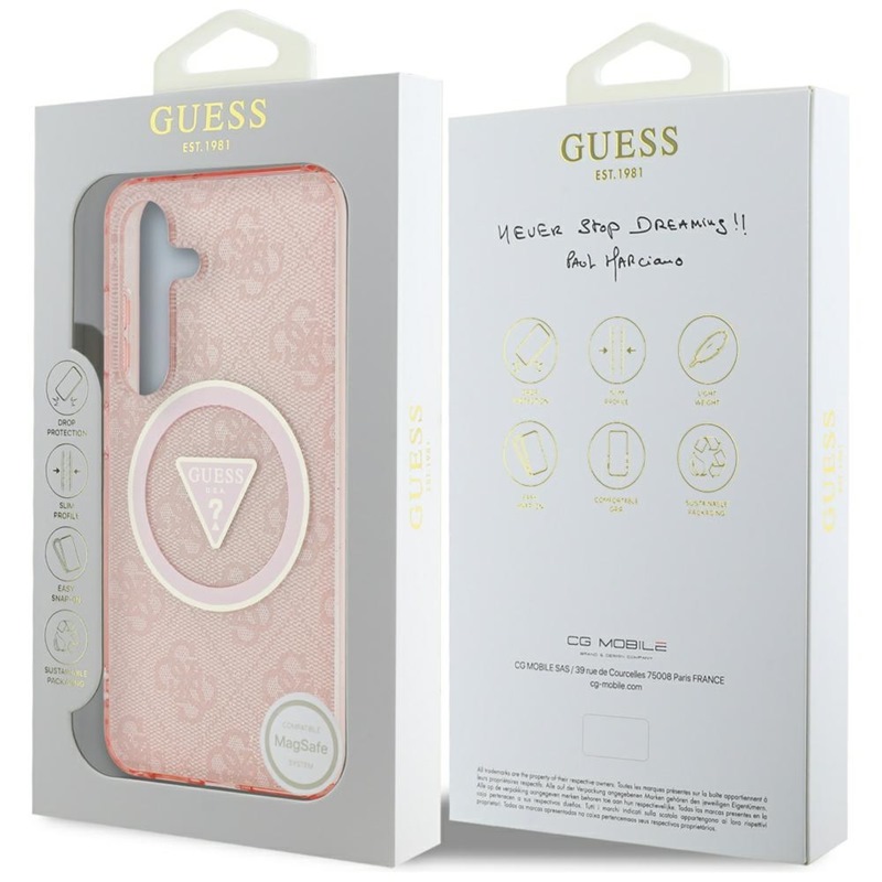Guess 4G Glitter Triangle Buttons MagSafe - Etui do Samsung Galaxy S25 (różowy)