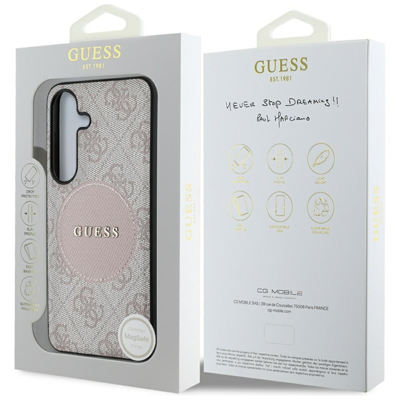 Guess 4G Round Patch Classic Logo MagSafe - Etui do Samsung Galaxy S25 (różowy)
