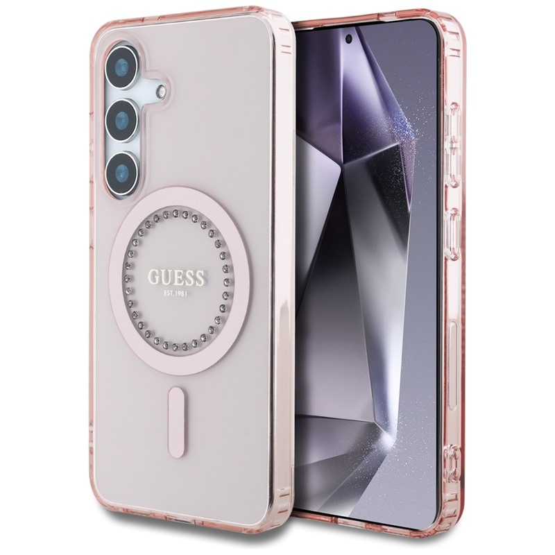 Guess Rhinestones Printed Classic Logo MagSafe - Etui do Samsung Galaxy S25 (różowy)