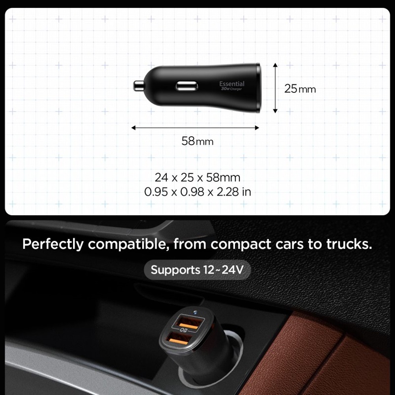 Spigen Essential EV302 - Ładowarka samochodowa 2x USB-A 30W (Czarny)