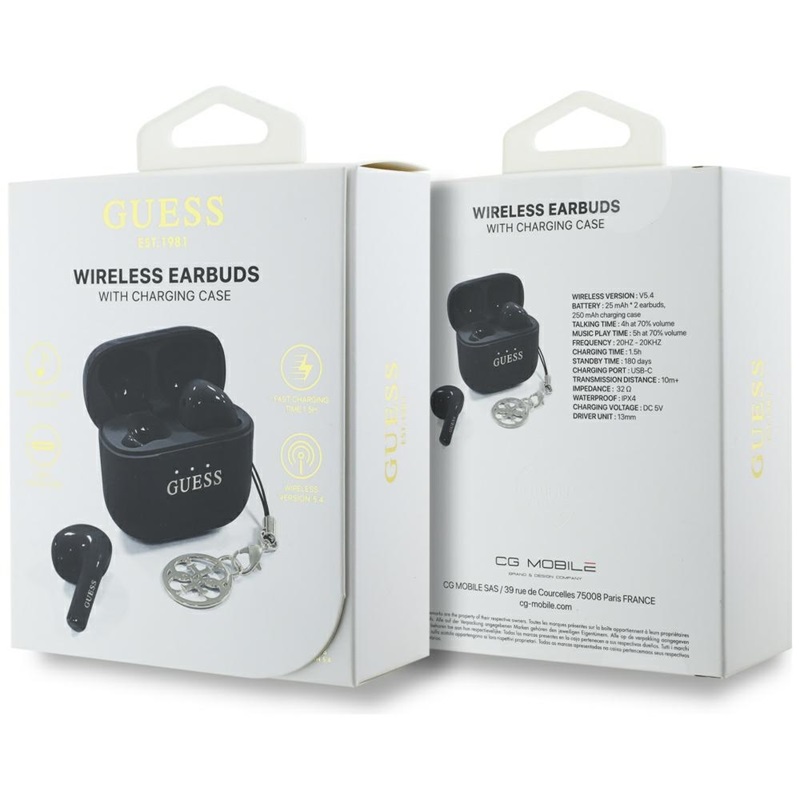 Guess Glossy Effect Printed Classic Logo & Charm - Słuchawki Bluetooth TWS + etui ładujące (czarny)