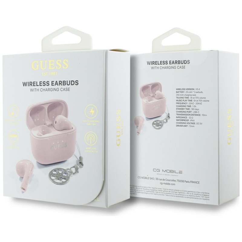 Guess Glossy Effect Printed Classic Logo & Charm - Słuchawki Bluetooth TWS + etui ładujące (różowy)