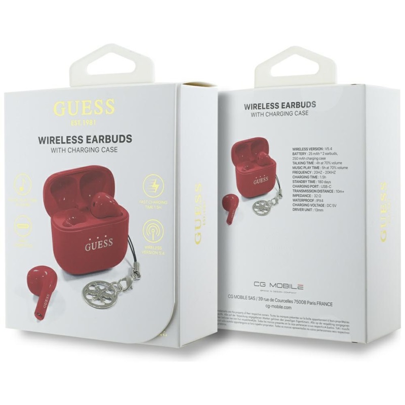 Guess Glossy Effect Printed Classic Logo & Charm - Słuchawki Bluetooth TWS + etui ładujące (czerwony)