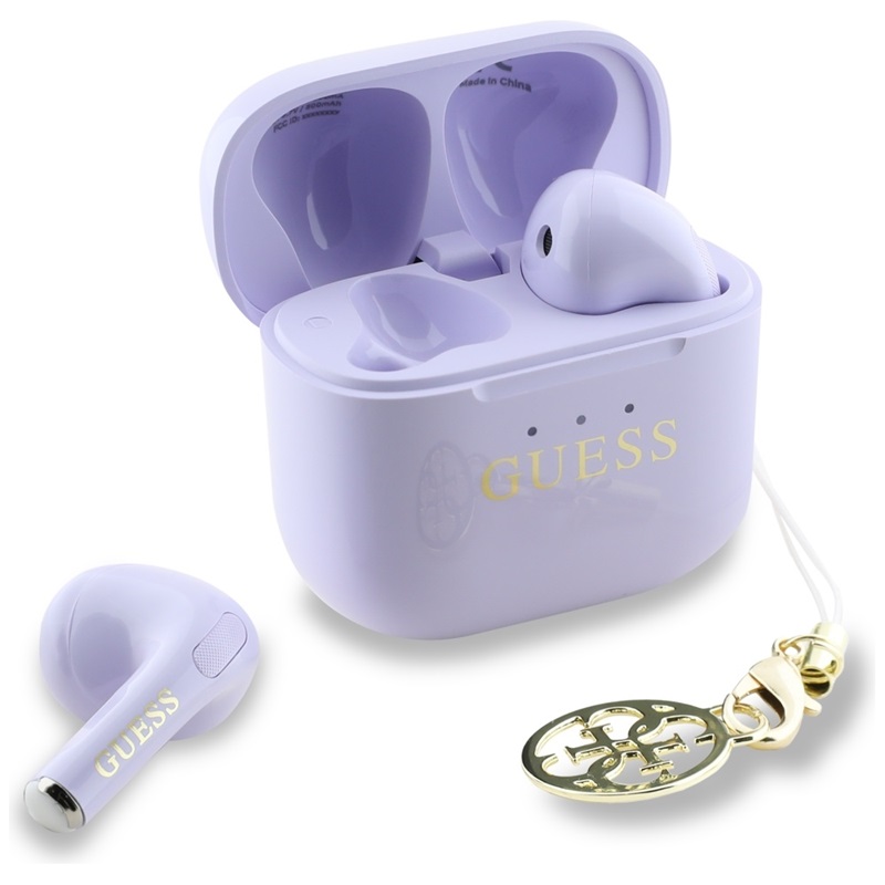 Guess Glossy Effect Printed Classic Logo & Charm - Słuchawki Bluetooth TWS + etui ładujące (lawendowy)