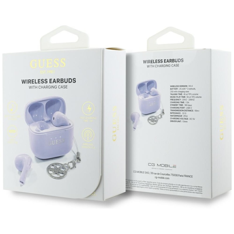 Guess Glossy Effect Printed Classic Logo & Charm - Słuchawki Bluetooth TWS + etui ładujące (lawendowy)