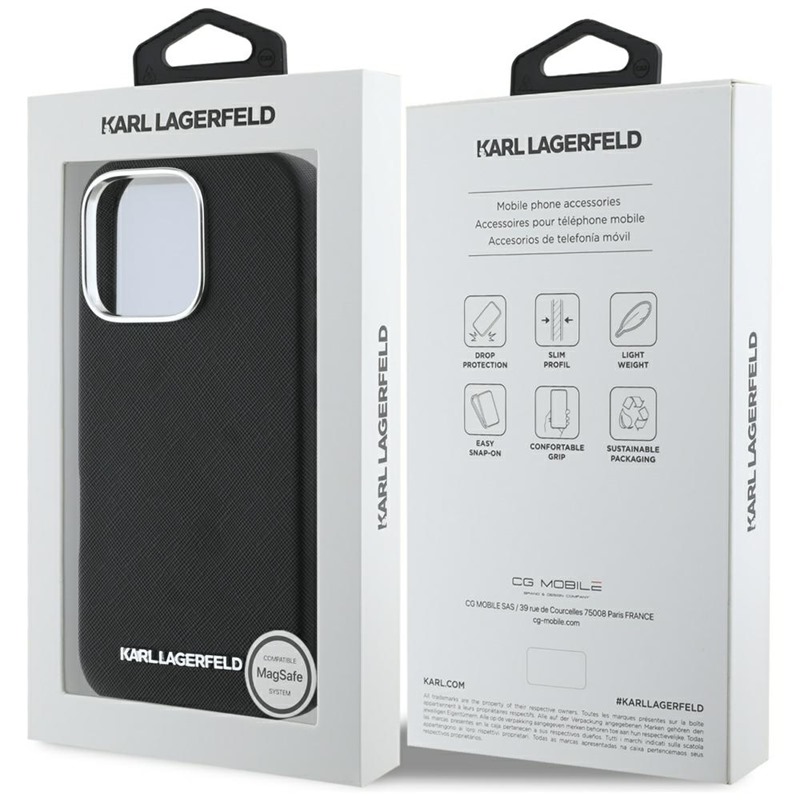 Karl Lagerfeld Saffiano Full Wrapped Elongated Metal Logo MagSafe - Etui do iPhone 16 Pro (czarny)