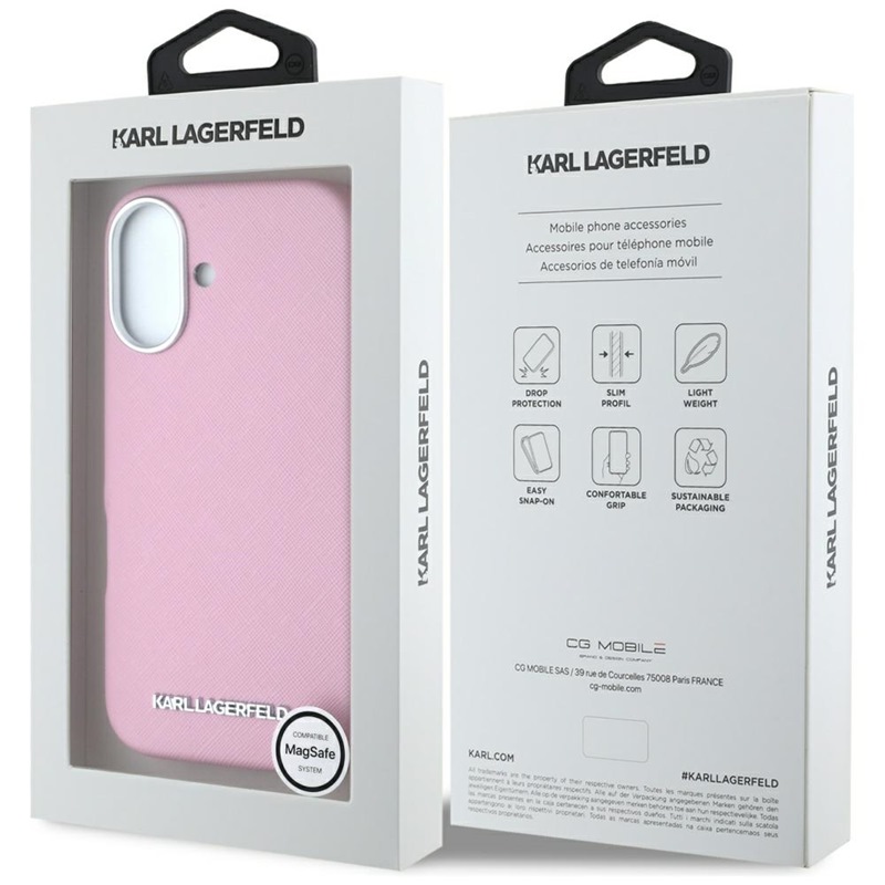 Karl Lagerfeld Saffiano Full Wrapped Elongated Metal Logo MagSafe - Etui do iPhone 16 (różowy)