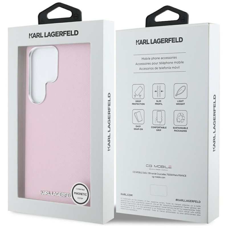 Karl Lagerfeld Saffiano Full Wrapped Elongated Metal Logo MagSafe - Etui do Samsung Galaxy S25 Ultra (różowy)