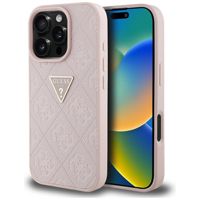 Guess Hot Stamp 4G Pattern Triangle Metal Logo - Etui do iPhone 16 Pro (różowy)