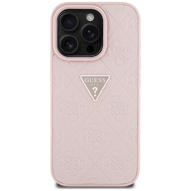 Guess Hot Stamp 4G Pattern Triangle Metal Logo - Etui do iPhone 16 Pro (różowy)