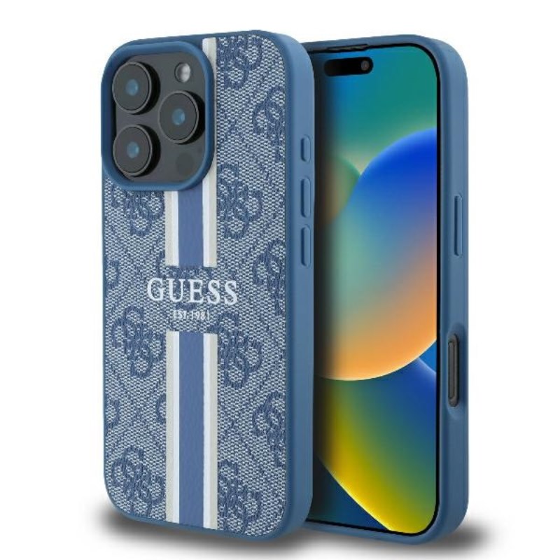 Guess 4G Printed Stripes MagSafe - Etui iPhone 16 Pro (niebieski)