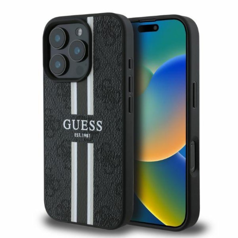 Guess 4G Printed Stripes MagSafe - Etui iPhone 16 Pro (czarny)