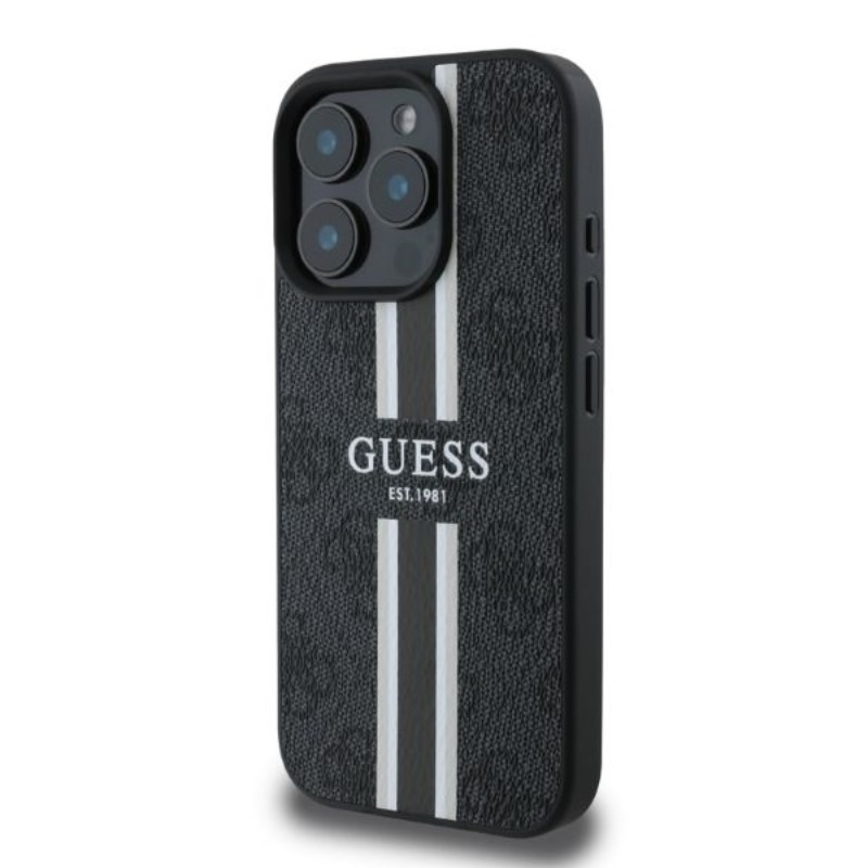 Guess 4G Printed Stripes MagSafe - Etui iPhone 16 Pro (czarny)