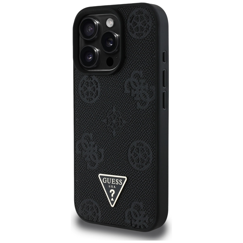 Guess Grained Hot Stamp Peony Triangle Logo MagSafe - Etui do iPhone 16 Pro (czarny)