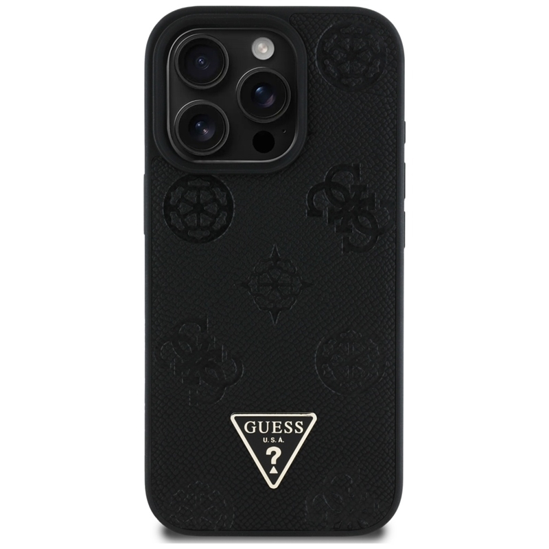Guess Grained Hot Stamp Peony Triangle Logo MagSafe - Etui do iPhone 16 Pro (czarny)
