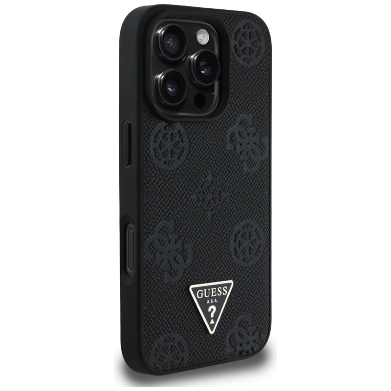 Guess Grained Hot Stamp Peony Triangle Logo MagSafe - Etui do iPhone 16 Pro (czarny)