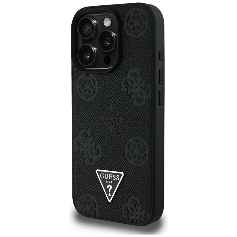 Guess Grained Hot Stamp Peony Triangle Logo MagSafe - Etui do iPhone 16 Pro Max (czarny)