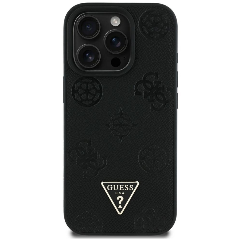 Guess Grained Hot Stamp Peony Triangle Logo MagSafe - Etui do iPhone 16 Pro Max (czarny)