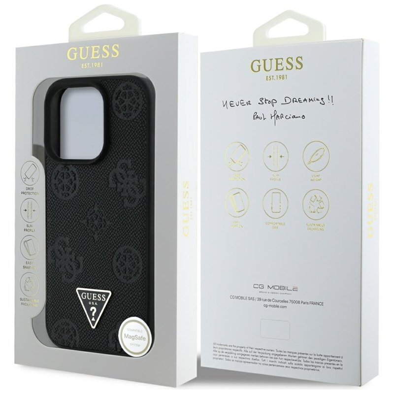 Guess Grained Hot Stamp Peony Triangle Logo MagSafe - Etui do iPhone 16 Pro Max (czarny)
