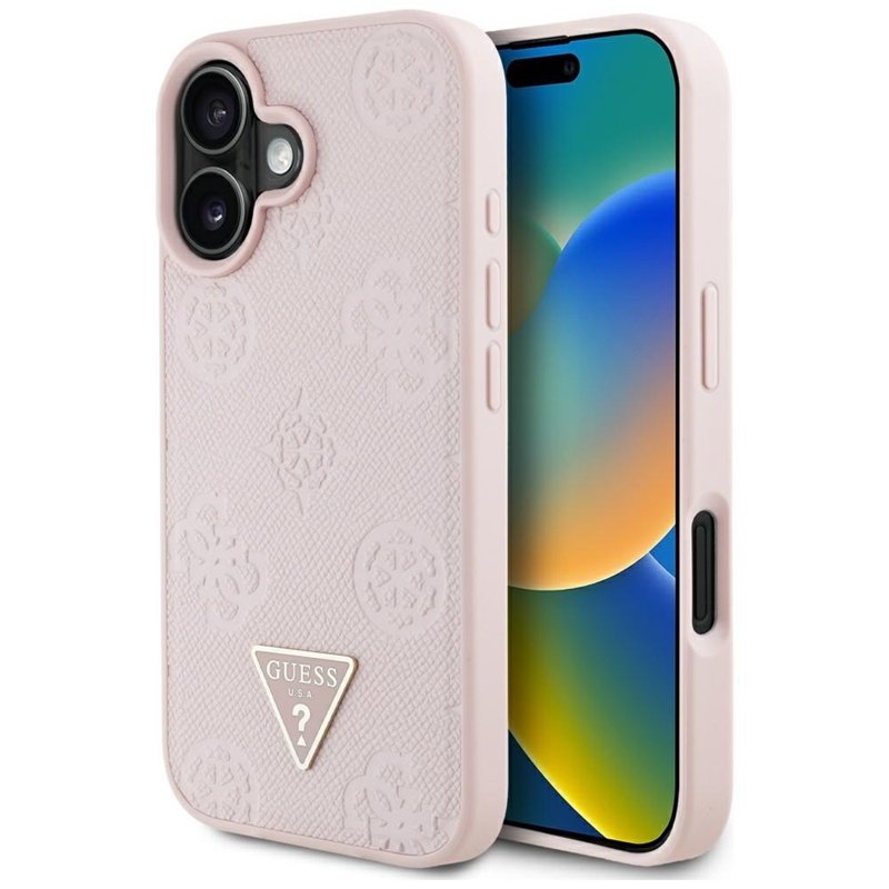 Guess Grained Hot Stamp Peony Triangle Logo MagSafe - Etui do iPhone 16 (różowy)