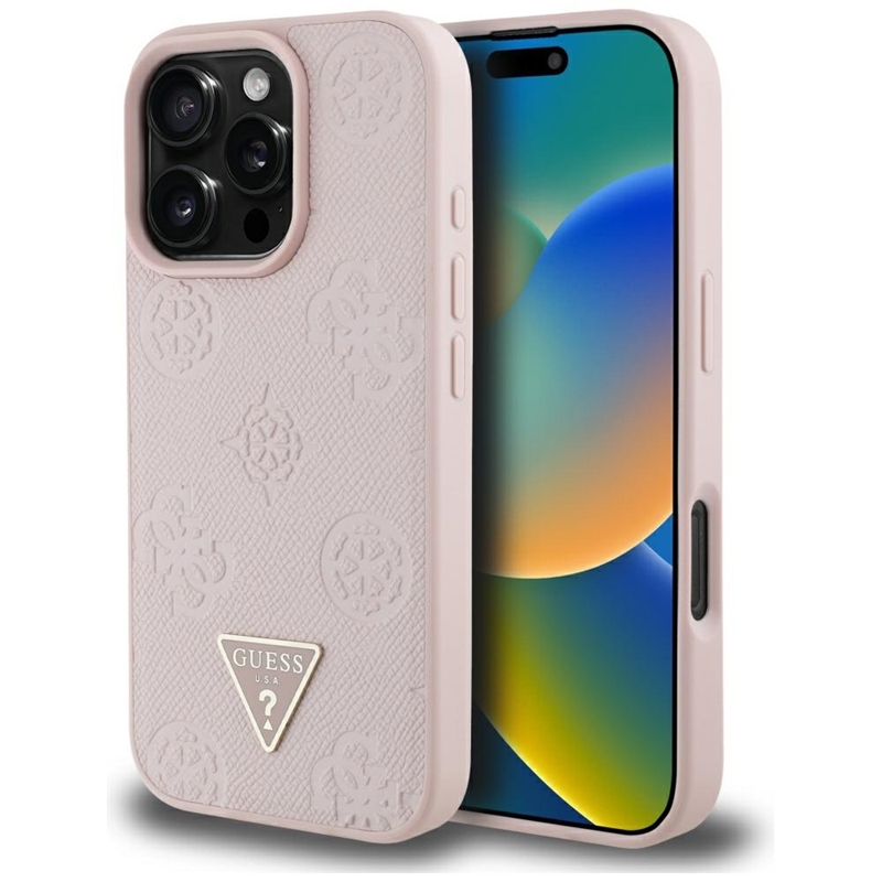 Guess Grained Hot Stamp Peony Triangle Logo MagSafe - Etui do iPhone 16 Pro (różowy)