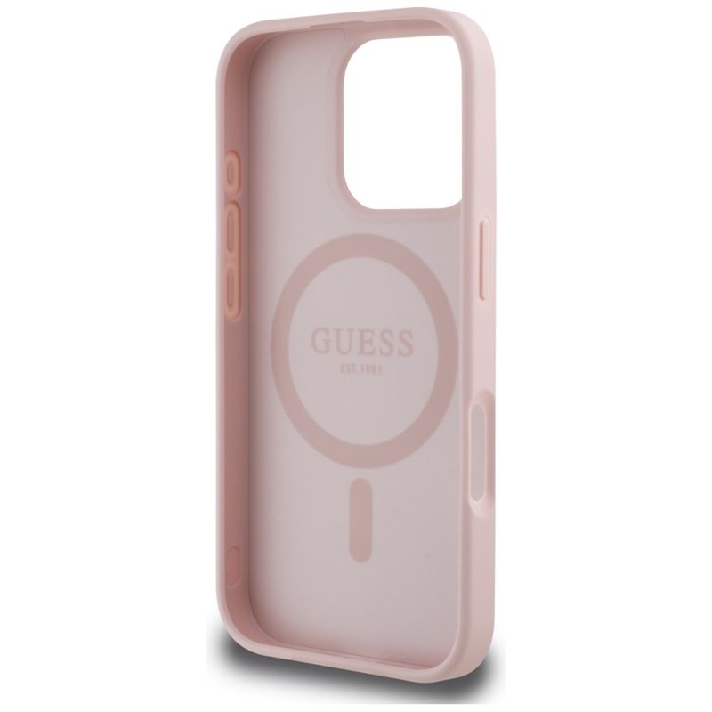 Guess Grained Hot Stamp Peony Triangle Logo MagSafe - Etui do iPhone 16 Pro (różowy)
