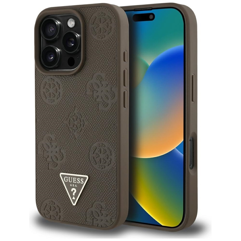 Guess Grained Hot Stamp Peony Triangle Logo MagSafe - Etui do iPhone 16 Pro Max (brązowy)