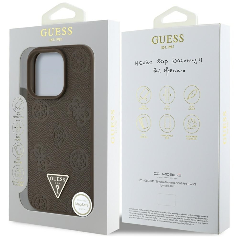 Guess Grained Hot Stamp Peony Triangle Logo MagSafe - Etui do iPhone 16 Pro Max (brązowy)