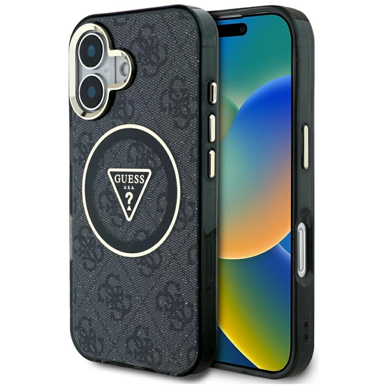 Guess IML Metal Glitter 4G Circle Triangle MagSafe - Etui do iPhone 16 (czarny)