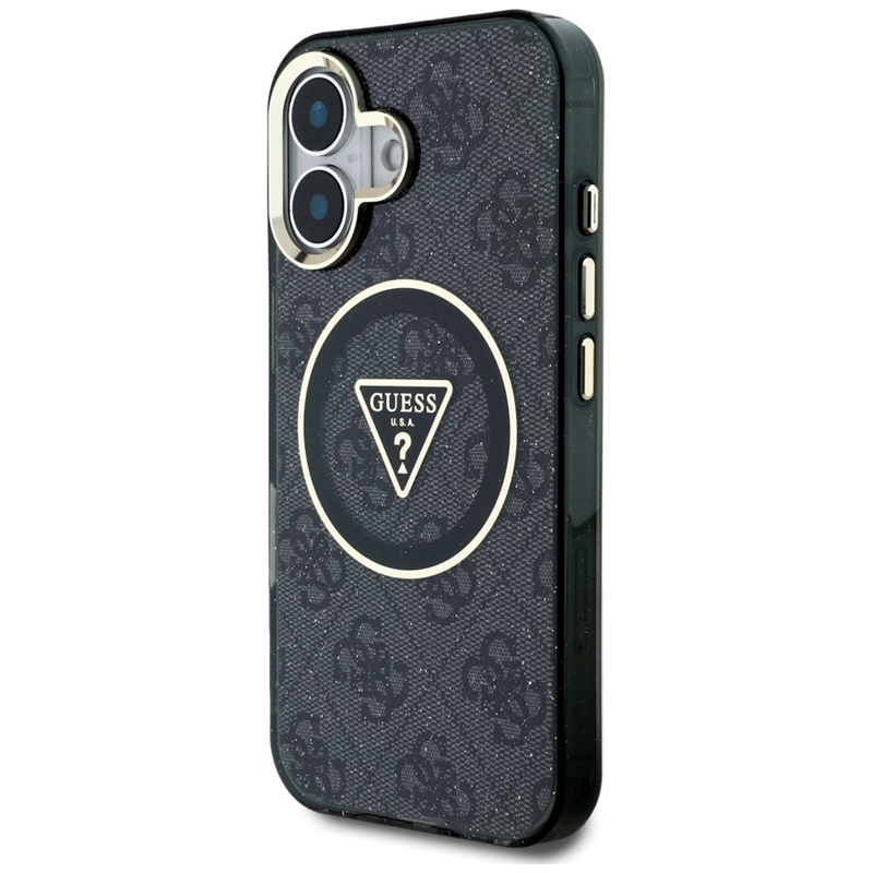 Guess IML Metal Glitter 4G Circle Triangle MagSafe - Etui do iPhone 16 (czarny)