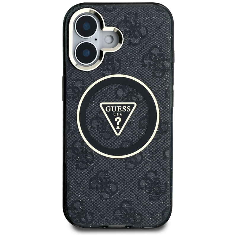 Guess IML Metal Glitter 4G Circle Triangle MagSafe - Etui do iPhone 16 (czarny)