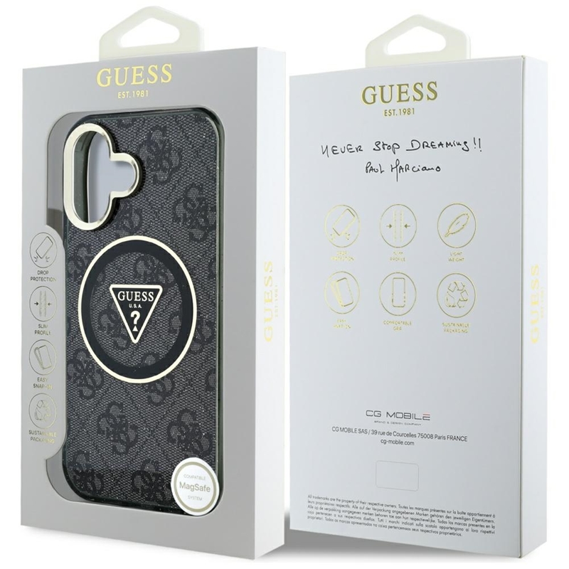 Guess IML Metal Glitter 4G Circle Triangle MagSafe - Etui do iPhone 16 (czarny)