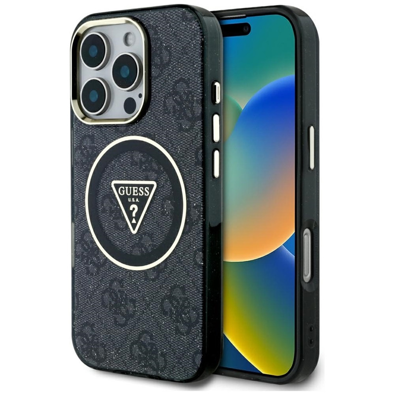 Guess IML Metal Glitter 4G Circle Triangle MagSafe - Etui do iPhone 16 Pro (czarny)
